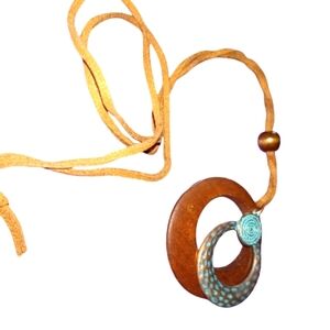 4/$15 Brown and Turquoise Pendant Necklace Native Art Wood Accent Gifts For Her